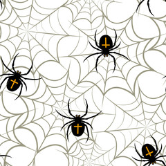 Seamless pattern with cobwebs and spiders on a white background.