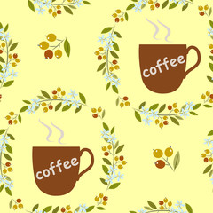 a cup of coffee in a wreath of branches of coffee tree