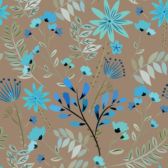 Seamless pattern with meadow flowers, leaves, grass on a light brown background.