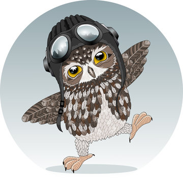 Young owl, cute eagle-owl chick playing a pilot, preparing for the first flight, wearing a helmet, headphones & aviator goggles, balancing, with forest reflection in sunglasses, round green gray badge