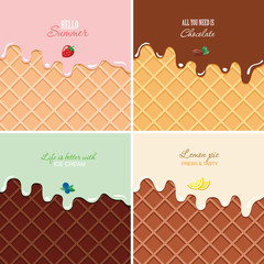 Melted cream on wafer background set - strawberry, chocolate, blueberry, lemon. Ice cream macro texture with copy space for your text.