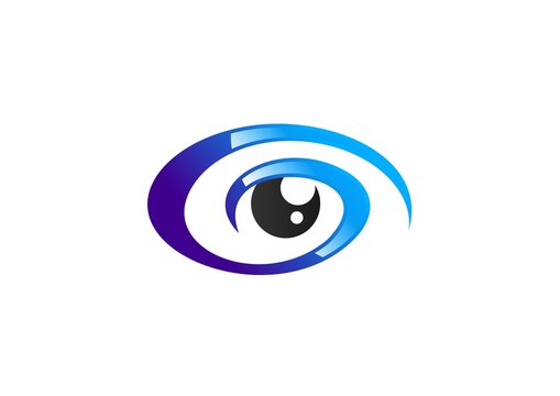 eye spiral logo sign, circle blue eye vision logo icon, abstract swirl optic eyes illustration symbol, sphere vortex vector design template