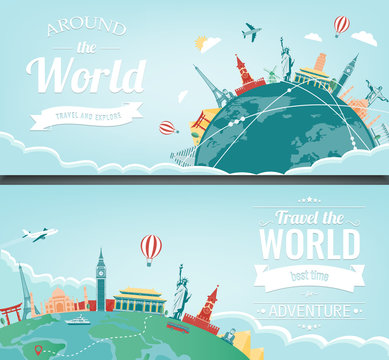 Travel composition with famous world landmarks. Travel and Tourism. Concept website template. Vector. Modern flat design