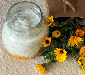 Yogurt with chia seeds and fruits. Wildflowers.