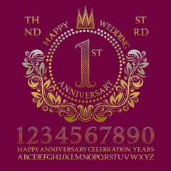 Happy wedding anniversary sign kit. Golden numbers, alphabet, frame and some words for creating celebration emblems.