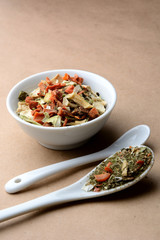 spicy fragrant mixture with mushrooms, vegetables and herbs