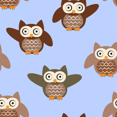 Seamless pattern with owls on a blue background,  clever owls, training, workout, exercise