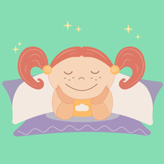 Illustration of a Cute Little Girl Lying on a Bed Supporting Her Face with Arms in Sleepiness