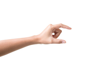 Beautiful woman hand holding items isolated on white background.