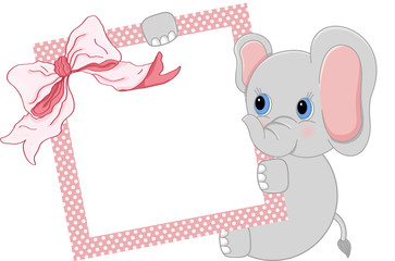 Obraz premium Baby elephant holding pink frame and ribbon 