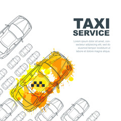 Vector taxi service banner, flyer, poster design template. Call taxi concept. Taxi yellow watercolor painted cab isolated on white background.