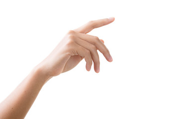 Beautiful woman hand holding items isolated on white background.