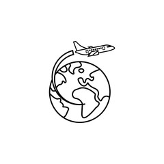 Airplane flying around earth line icon, travel & tourism, aircraft and world, a linear pattern on a white background, eps 10.
