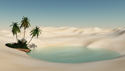 Beautiful oasis in the desert sand, palm trees on the shore of the lake
