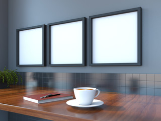 Mock up scene, coffee, poster, book, flower, 3d render