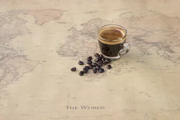 Foto op Aluminium Black coffee  with bean on world map background © monte_foto