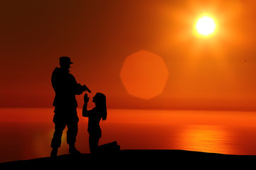 silhouette of a soldier put a gun to the head of the girl on a sunset background