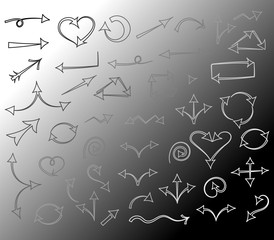 Black and White Hand Drawn Arrows isolated on Monochrome Background.Sketch Style. Prefect for Design. Vector Illustration.