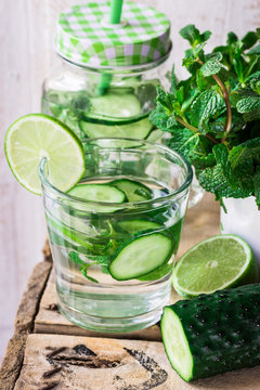 Glass jar mug with cleansing cucumber water with lime and mint, ingredients, agua fresca, spring