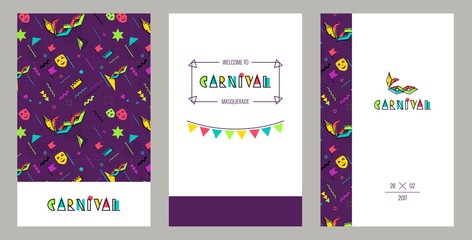 Carnival invitation cards in 80s memphis style. Mardi Gras Party Posters. Vector flat illustration