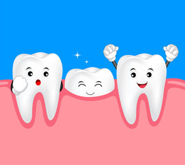 New tooth character growing up. Dental care cute cartoon, illustration.