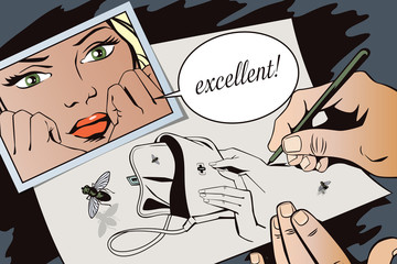 Hand paints picture. Flies fly out from empty handbag. Photo gir