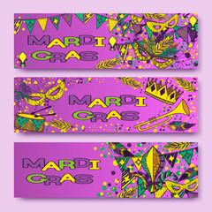 Mardi Gras or Shrove Tuesday cards with green, yellow and violet colors. Carnival mask and crowns, fleur de lis, feathers. Perfectly fit for banner, invitation, party. Vector illustration