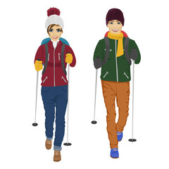 Fototapeta premium young couple with backpack and hiking walking sticks