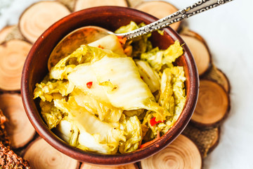 Kimchi cabbage with turmeric and raw bread, ready to eating,