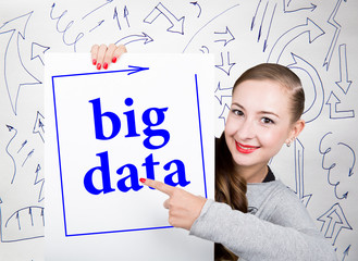 Young woman holding whiteboard with writing word: big data. Technology, internet, business and marketing.