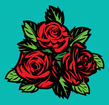 vector set of three blooming rose with leaves for design