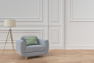 living room with velvet armchair on empty white wall background.3D rendering