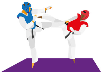Taekwondo fighters attack each other kicks