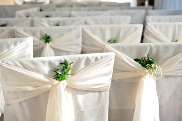 Raws of white wedding chairs decorated with greenery