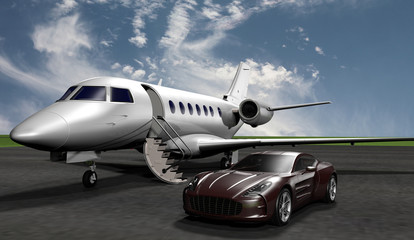 Privatjet mit Sportwagen auf dem Vorfeld eines Flughafens