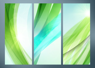 Set of abstract green wave backgrounds for poster, flyer, bunner templates. Vector illustration. Spring or summer background. Wave background with light effects
