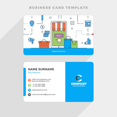Creative Business Card Template with Flat Line Illustration. Mobile Marketing. Vector Illustration. Stationery Design