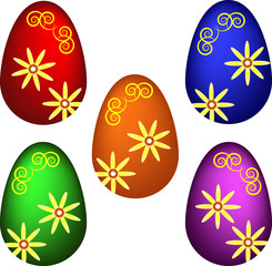 collection of five eggs decorated with flowers and pattern for E