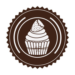 brown stamp with cupcake with strawberry in round frame vector illustration