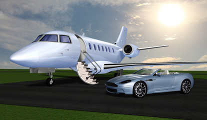 Privatjet mit Sportwagen auf dem Vorfeld eines Flughafens