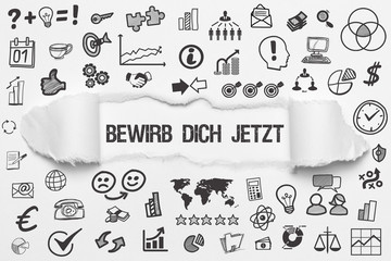 Bewirb dich jetzt / weißes Papier mit Symbole