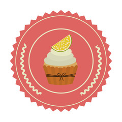 colorful sticker with olive crown and cupcake with lemon slice vector illustration