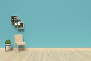 Living room Bookshelf on the wall with books and clock,3D rendering
