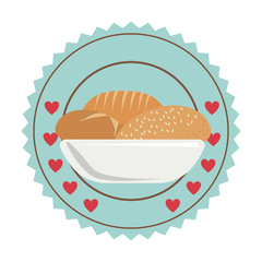 colorful silhouette sticker with olive crown and breads in basket vector illustration