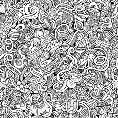 Cartoon cute doodles hand drawn Indian culture seamless pattern