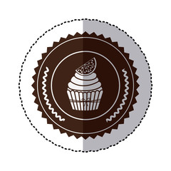 monochrome sticker with cupcake with lemon slice in round frame vector illustration