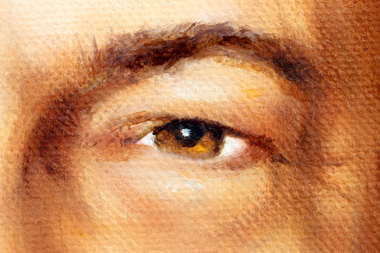 hazel brown man eye in detail, oil painting.