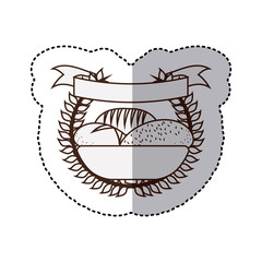 monochrome contour sticker with olive crown and ribbon and breads in basket vector illustration