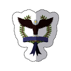sticker colorful with olive crown with ribbon and eagle with open wings vector illustration