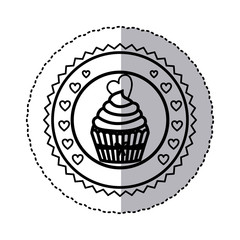 black contour silhouette sticker with cupcake with heart in round frame vector illustration